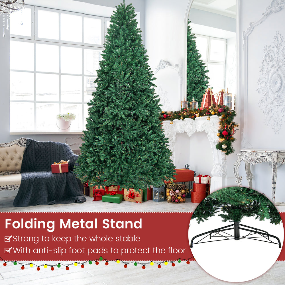 9 feet hinged premium artificial Christmas tree with solid metal stand, featuring 3594 branch tips for a vibrant look.