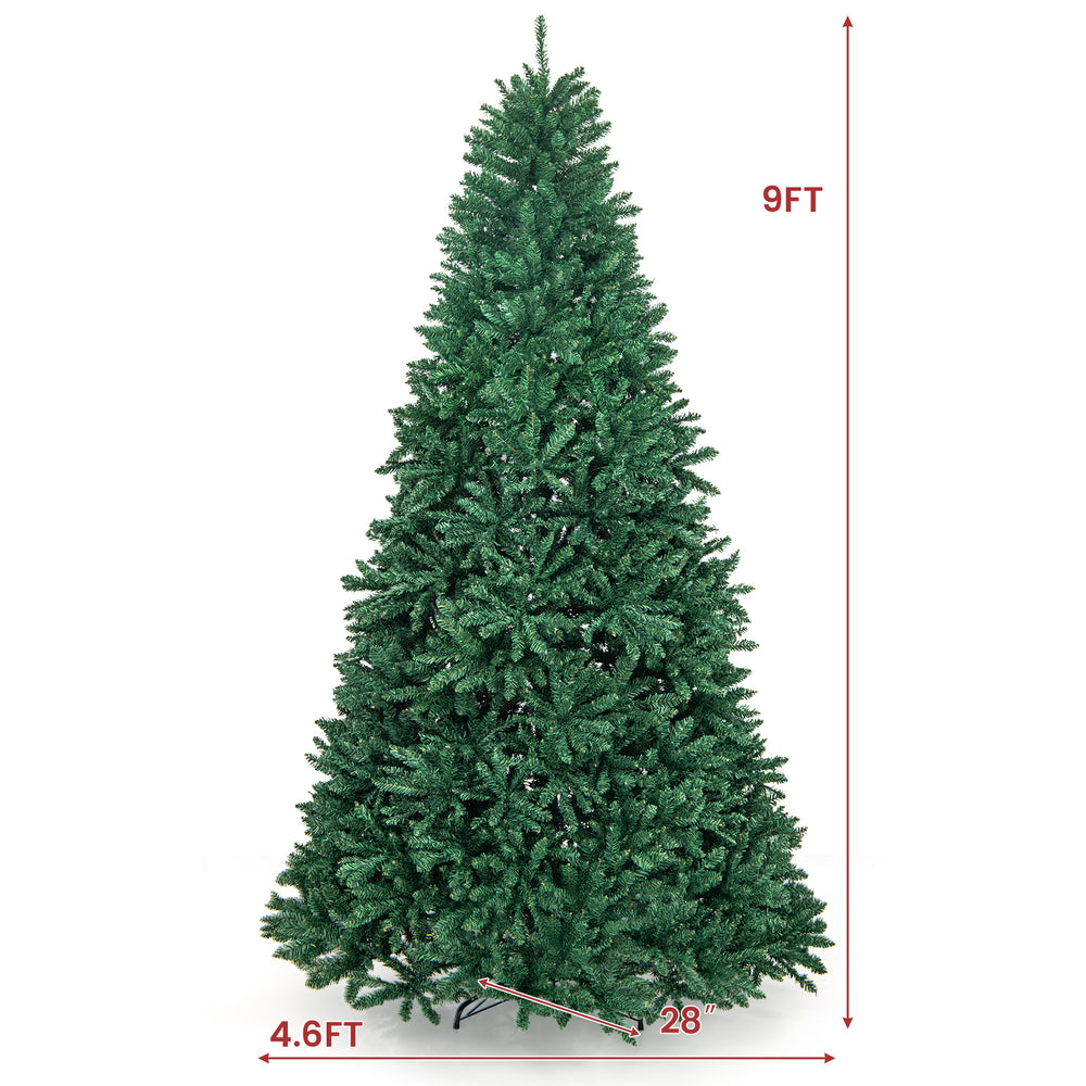 9-foot hinged premium artificial Christmas tree with 3594 branch tips, PVC material, and solid metal stand for festive.
