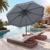 Gray 9-foot patio umbrella with ruffled scallops, push-button tilt, and crank, providing ample shade for outdoor.