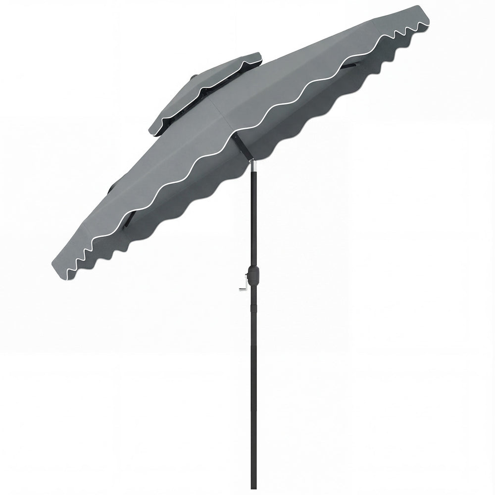 Gray 9-foot patio umbrella with ruffled scallops, push-button tilt, and crank for easy shade adjustment.
