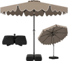 9 feet brown patio umbrella with ruffled edges, double-tiered design, and weighted base for stability in outdoor.