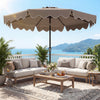 9 feet brown patio umbrella with ruffled edges and weighted base, providing shade for outdoor gatherings and relaxation.
