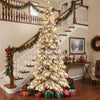 9 ft pre-lit artificial Christmas tree with snow-flocked branches and 500 warm white LED lights, ideal for holiday.