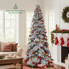 9 ft pre-lit artificial Christmas tree with snow-flocked branches and warm white LED lights, perfect for festive decor.