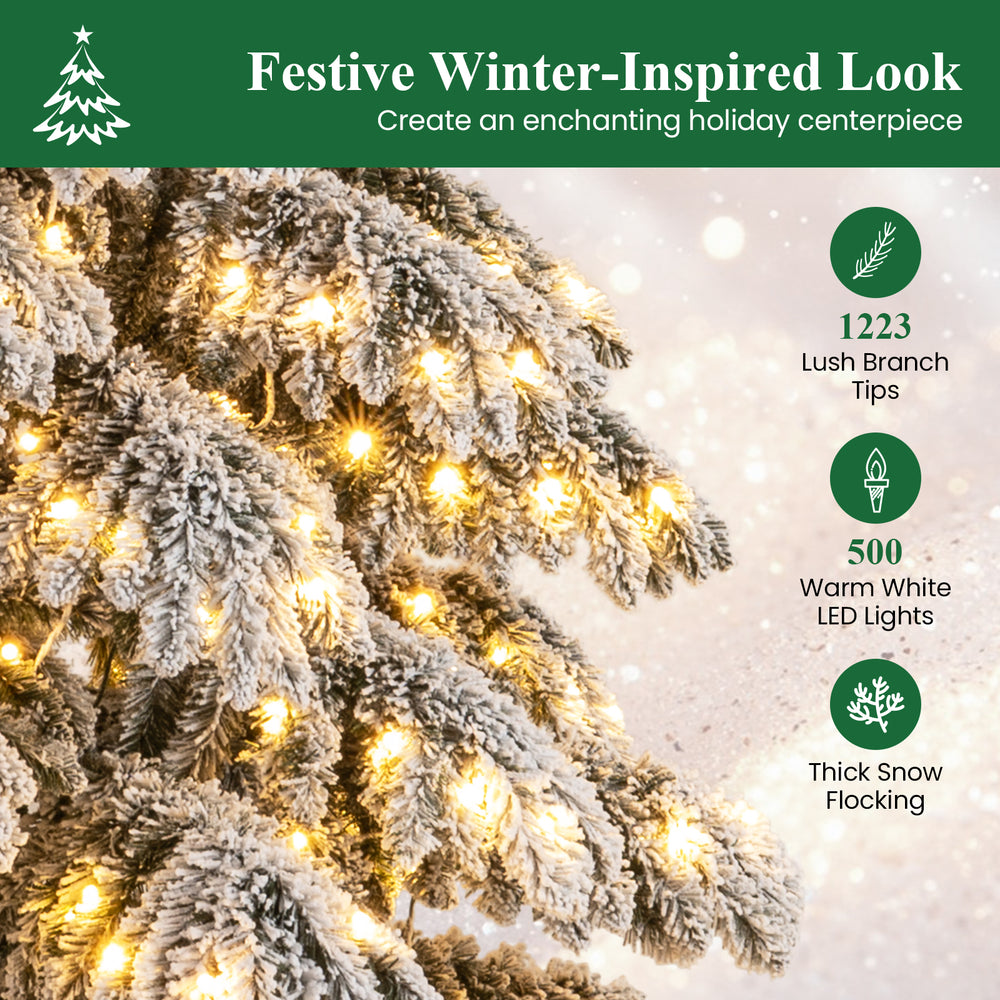 9-foot pre-lit artificial Christmas tree with 1223 snow-flocked tips and 500 warm white LED lights for festive decor.