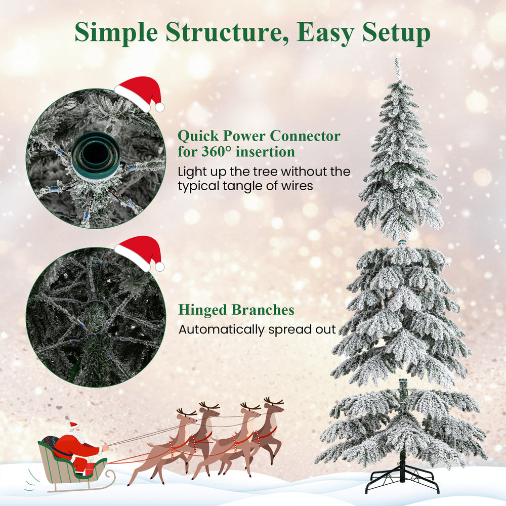 9-foot pre-lit artificial Xmas tree with hinged branches and quick power connector, ideal for festive holiday decor.
