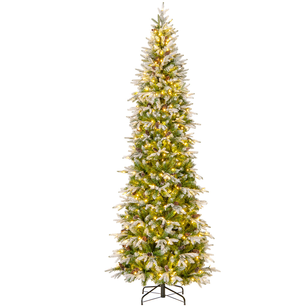 9-foot pre-lit artificial Christmas tree with snow flocking, warm-white LED lights, and a sturdy metal base for festive.