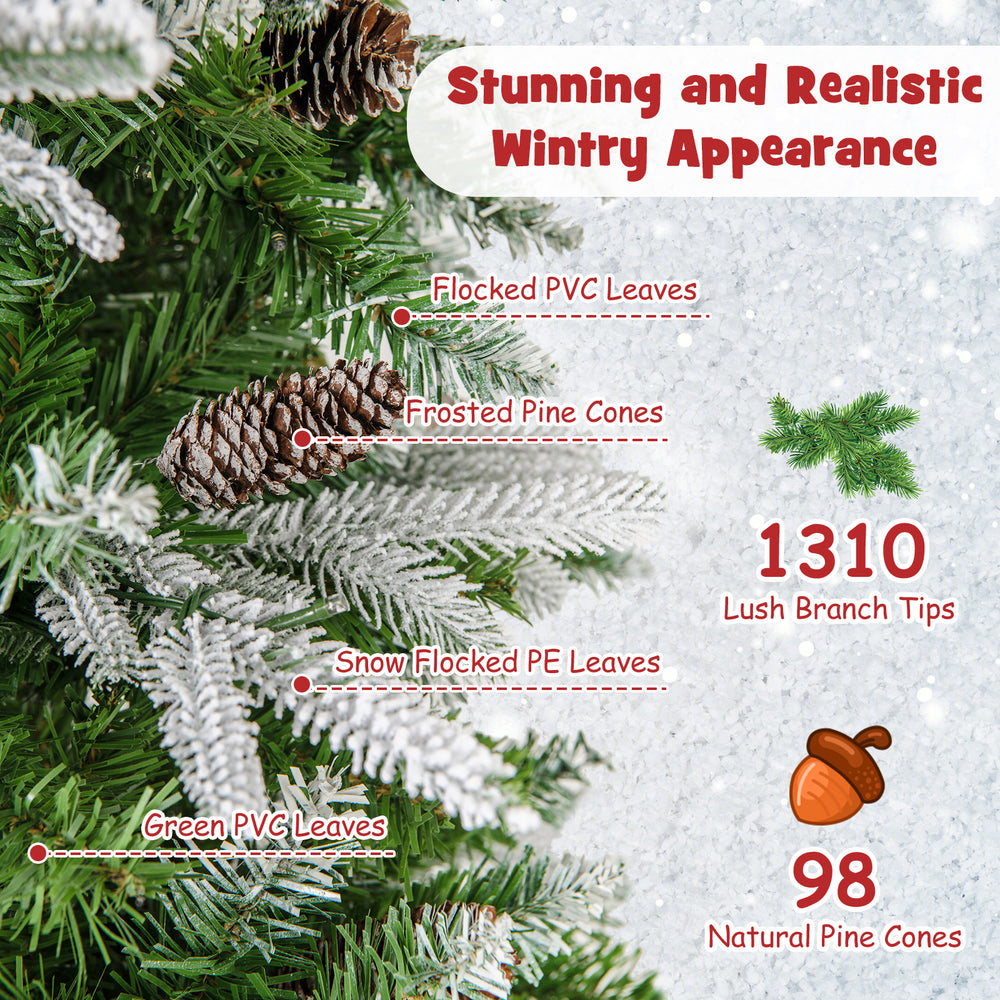 Snow flocked 9 FT pre-lit artificial Christmas tree with frosted pine cones and lush branch tips for festive decoration.