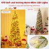 9-foot pre-lit artificial Christmas tree with snow flocking, warm-white LED lights, and frosted pine cones for festive.