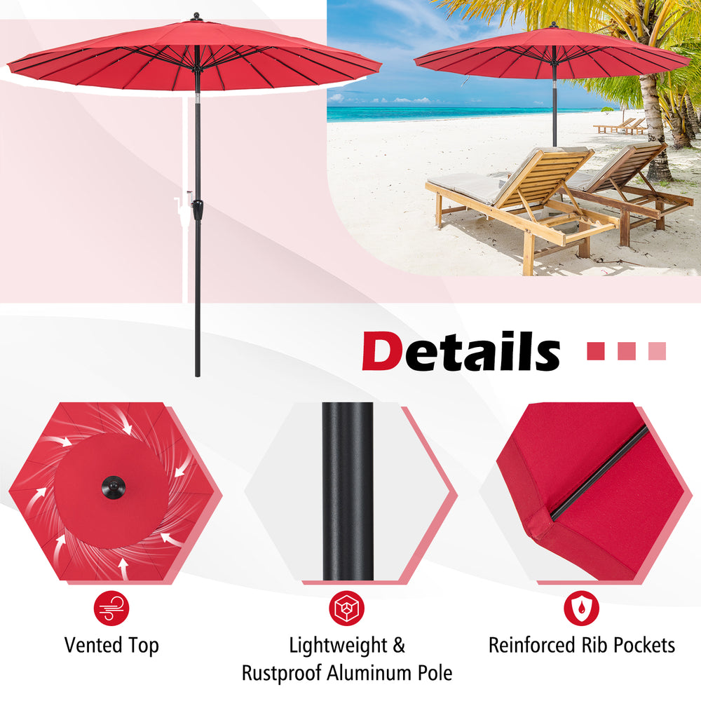 9 feet round patio umbrella in wine with vented top, lightweight aluminum pole, and 18 fiberglass ribs for durability.