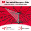 Close-up of the 9 feet round patio umbrella's 18 fiberglass ribs, showcasing durability and rust-resistance for outdoor.