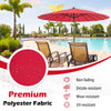 9 feet round patio umbrella in wine color with premium polyester fabric, featuring 18 fiberglass ribs for durability.