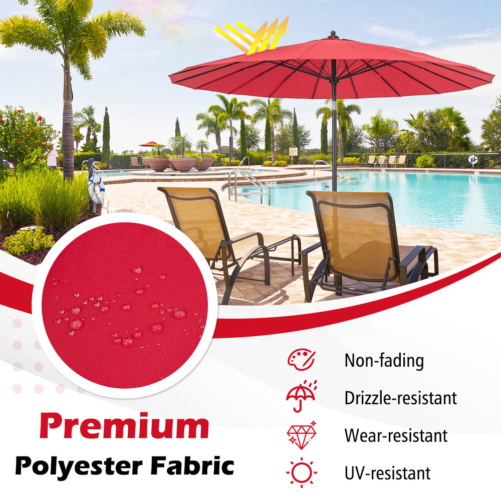 9 feet round patio umbrella in wine color with premium polyester fabric, featuring 18 fiberglass ribs for durability.