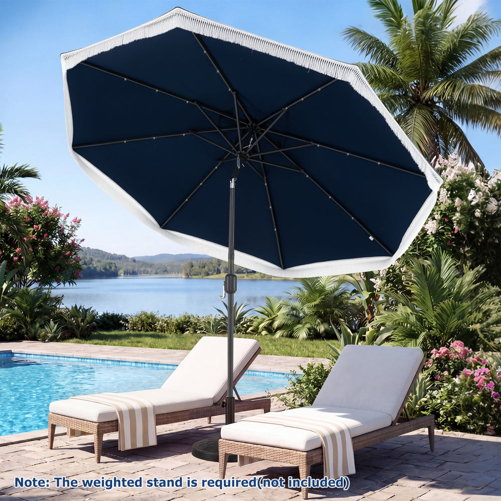 9 foot solar patio umbrella Backyard Expressions 9ft with 32 LED Lights powered LED lights are powered by the solar panel on top of the umbrella Slickblue 9-Foot Solar-Powered Tiki Patio
