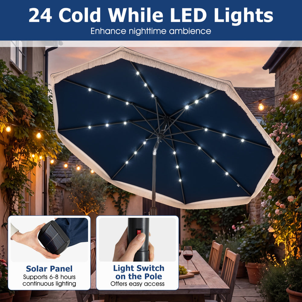 9 feet navy solar patio umbrella featuring 24 LED lights, push button tilt, and a vented top for optimal shade.