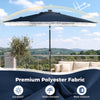 Navy 9 feet solar patio umbrella with LED lights, featuring premium polyester fabric and push button tilt for optimal.