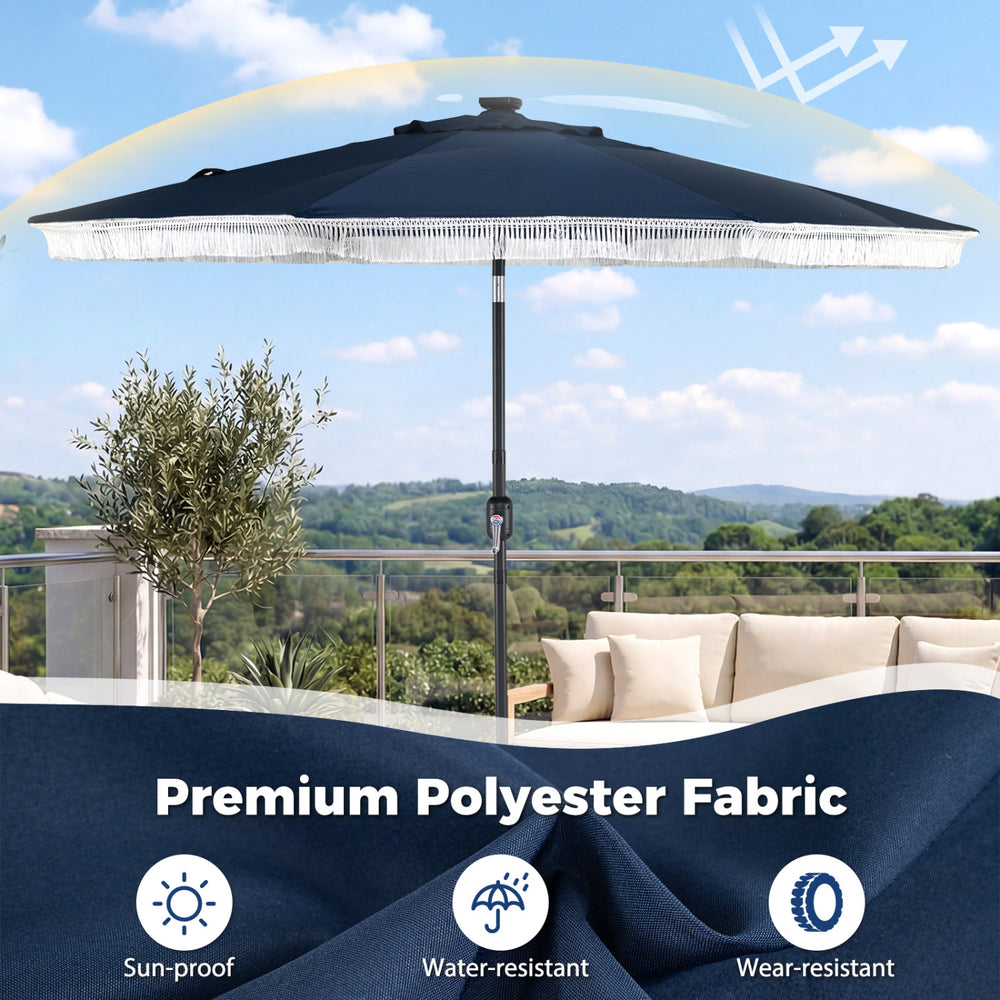 Navy 9 feet solar patio umbrella with LED lights, featuring premium polyester fabric and push button tilt for optimal.