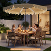 9 feet solar patio umbrella with color-changing LED lights, set up for outdoor dining with friends in a cozy backyard.