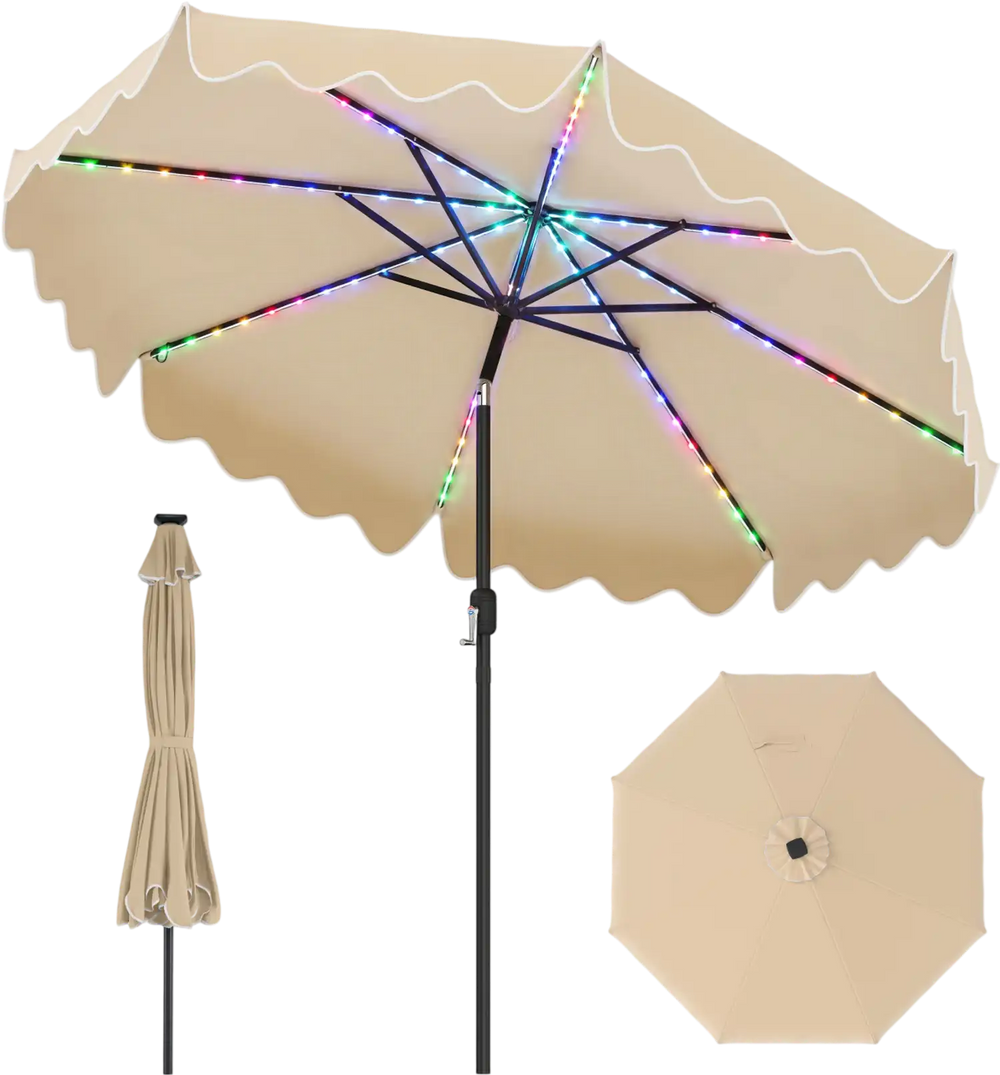 9 feet solar patio umbrella with color-changing LED lights, featuring a scalloped edge and a sturdy black pole.