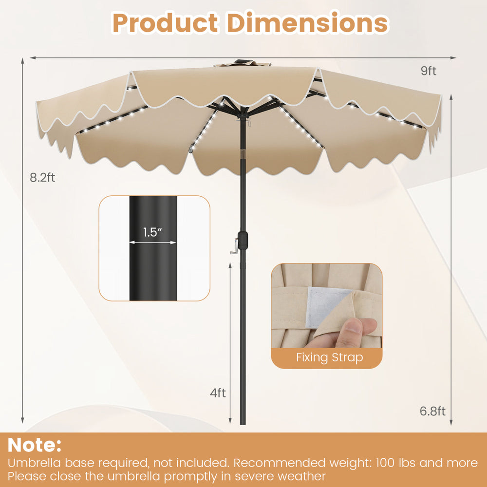 9-foot solar patio umbrella with color-changing LED lights, featuring dimensions and fixing strap for stability.