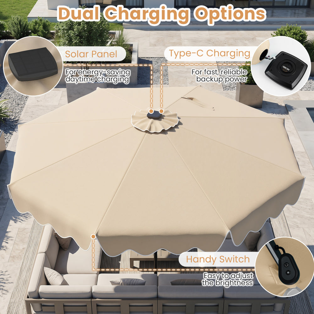 9 feet solar patio umbrella featuring solar panel and Type-C charging options for versatile outdoor lighting.