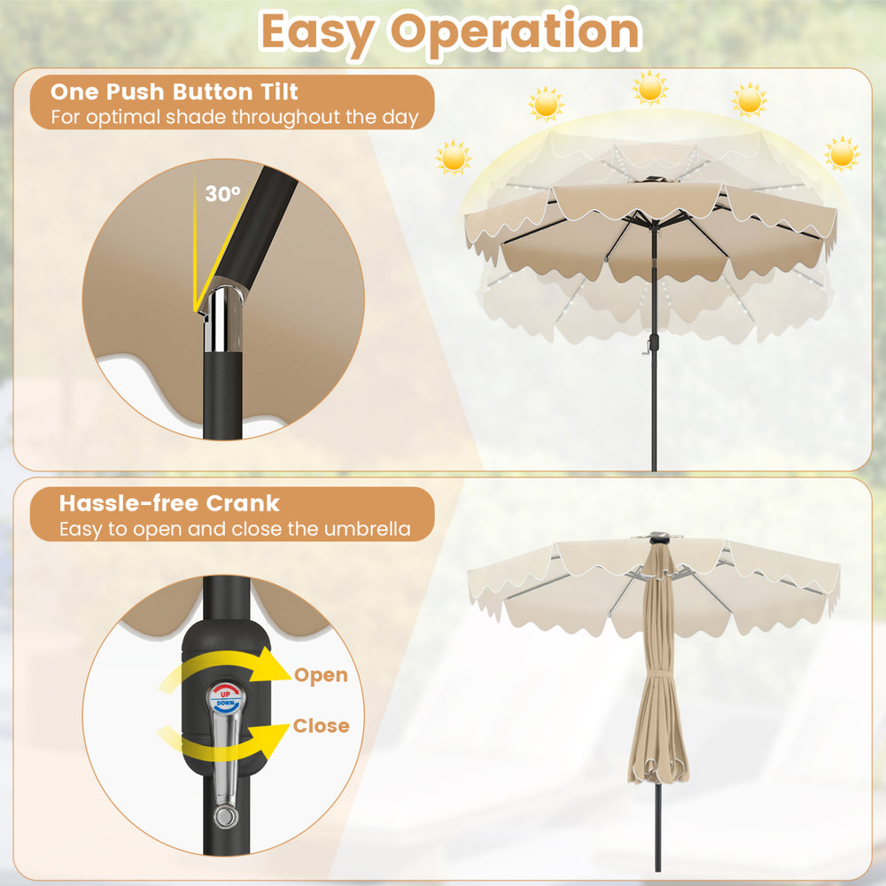 9 feet solar patio umbrella featuring a one push button tilt and hassle-free crank for easy operation and optimal shade.