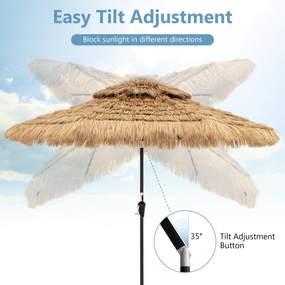 9-foot thatched tiki patio umbrella with solar-powered LED lights and easy tilt adjustment for optimal shading.