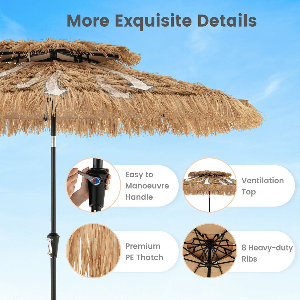 9 feet thatched tiki umbrella with 8 steel ribs, featuring a manual crank and double vented top for outdoor shading.
