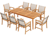 Breathable fabric armchair from the 9-piece acacia wood dining set offers ergonomic support and adjustable foot pads for comfort.
