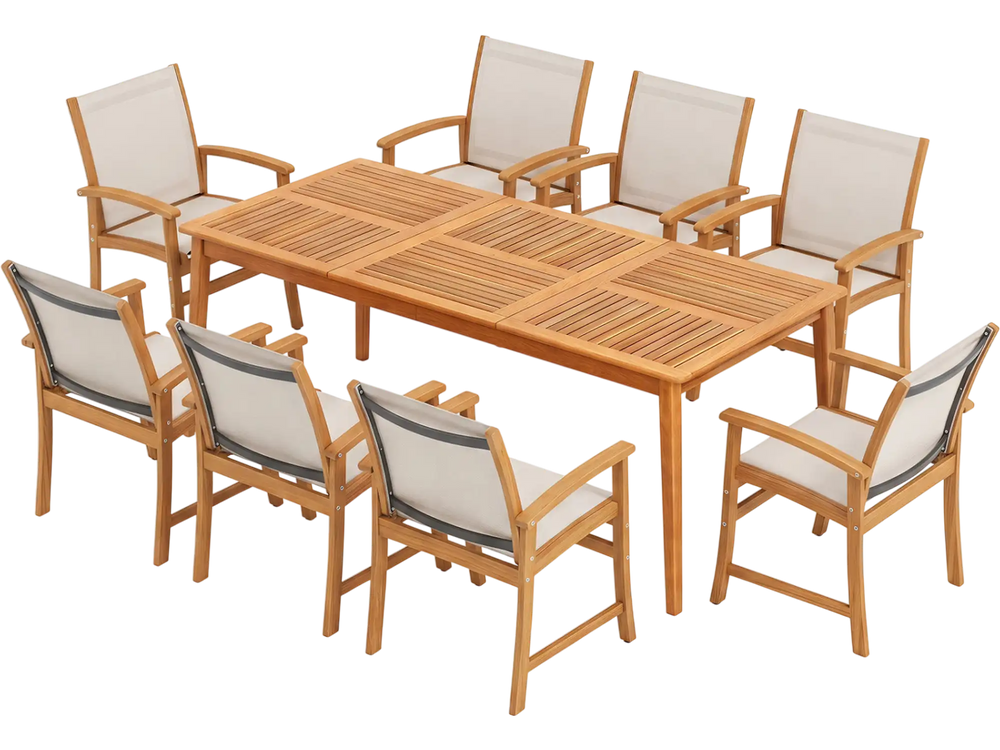 Breathable fabric armchair from the 9-piece acacia wood dining set offers ergonomic support and adjustable foot pads for comfort.