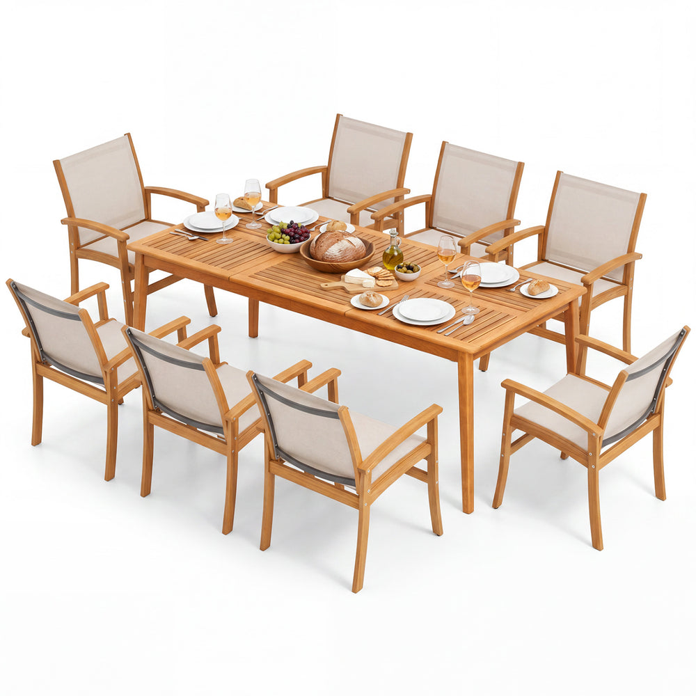 9-piece acacia wood outdoor patio dining set with breathable fabric armchairs, perfect for family meals in the garden.