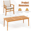 Acacia wood outdoor patio dining set featuring an 80” rectangular table and breathable fabric armchairs for 8 people.