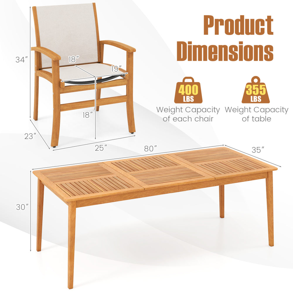 Acacia wood outdoor patio dining set featuring an 80” rectangular table and breathable fabric armchairs for 8 people.