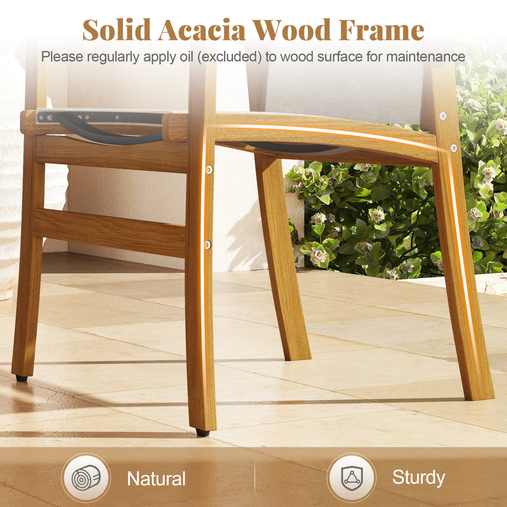 Sturdy acacia wood frame detail of a chair from the 9-piece outdoor patio dining set, ideal for garden or backyard use.