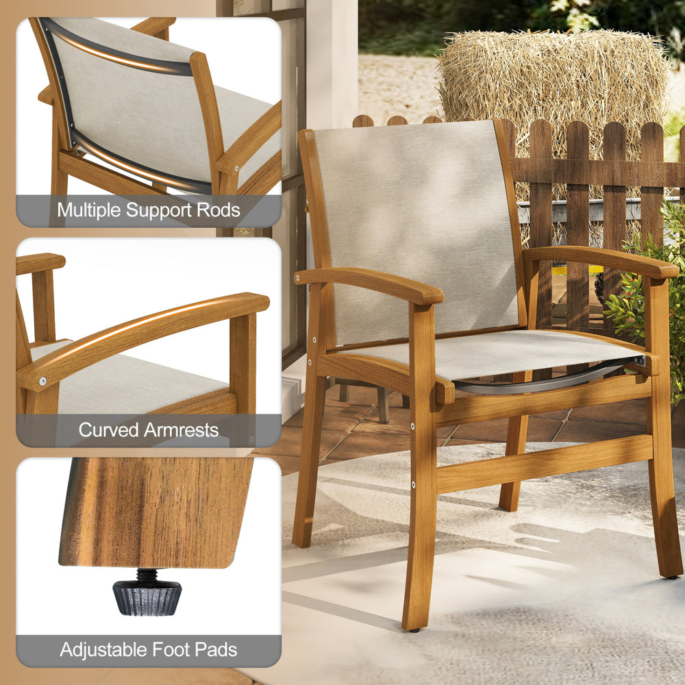Curved armrests and breathable fabric enhance comfort in this acacia wood outdoor dining chair with adjustable foot pads.
