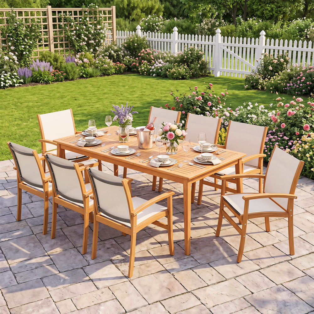Nine-piece acacia wood outdoor patio dining set with an 80” rectangular table and breathable fabric armchairs for family meals.