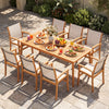 9-piece acacia wood outdoor patio dining set with 80” rectangular table and breathable fabric armchairs for family meals.