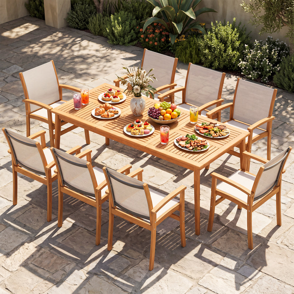 9-piece acacia wood outdoor patio dining set with 80” rectangular table and breathable fabric armchairs for family meals.