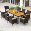 9-piece outdoor dining set featuring an acacia wood table top and beige cushioned chairs for comfortable outdoor meals.