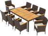 9-piece outdoor dining set featuring an acacia wood table top and brown PE rattan chairs with beige cushions for.