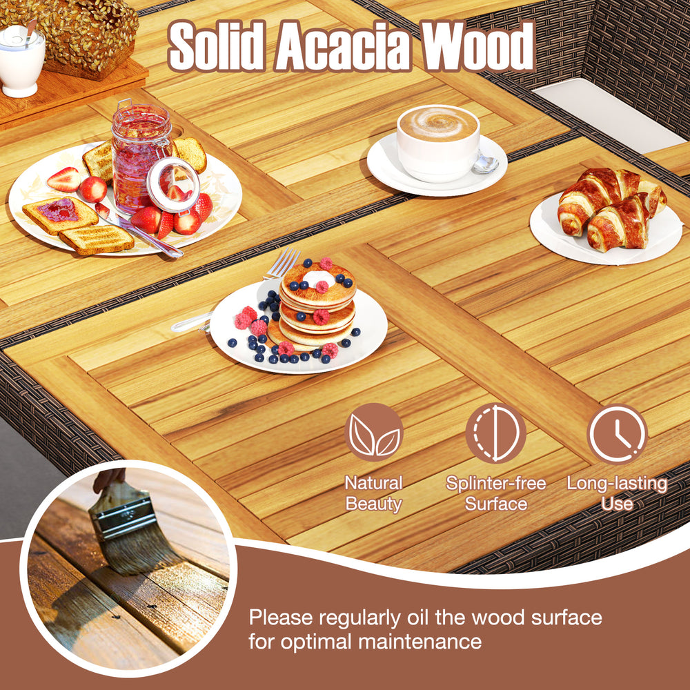 Acacia wood dining table surface showcasing natural beauty, ideal for the 9-piece outdoor dining set.