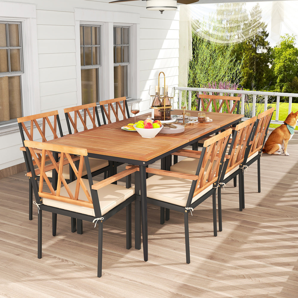 9-piece patio dining set featuring acacia wood tabletop, cushioned chairs, and 1.9" umbrella hole for outdoor.