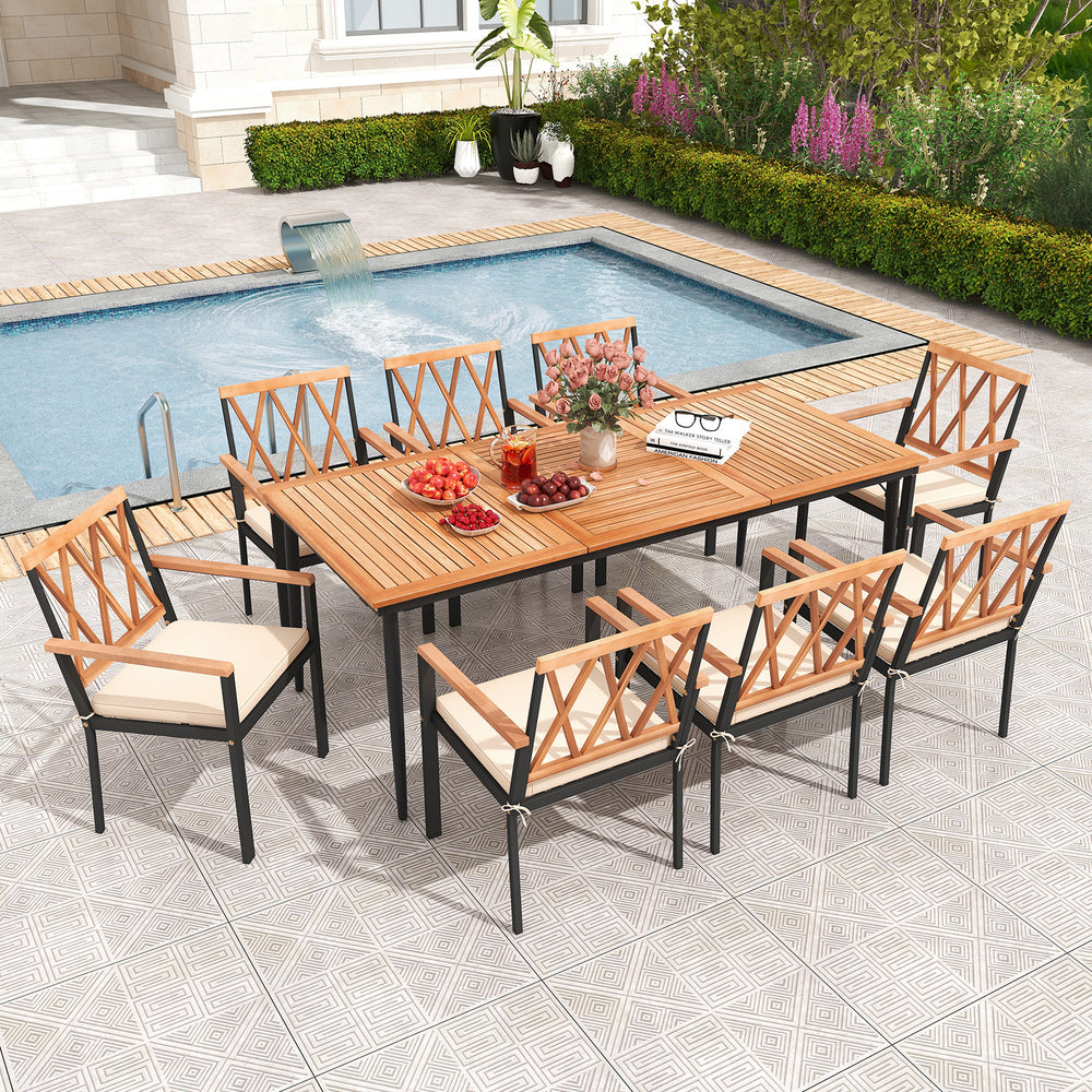9-piece patio dining set featuring acacia wood tabletop, cushioned chairs, and 1.9" umbrella hole, perfect for outdoor.