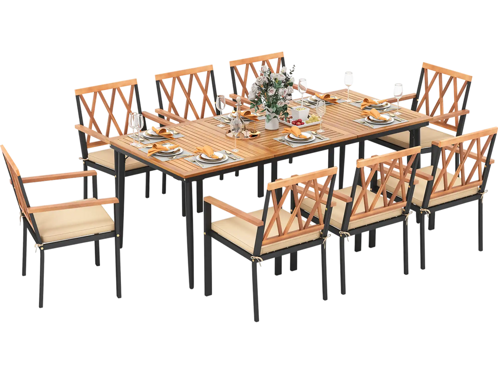 9 Pieces Patio Dining Set with 1.9 Inch Umbrella Hole and Seat Cushions