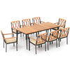 9-piece patio dining set featuring acacia wood and cushioned chairs, designed for outdoor gatherings with an umbrella.