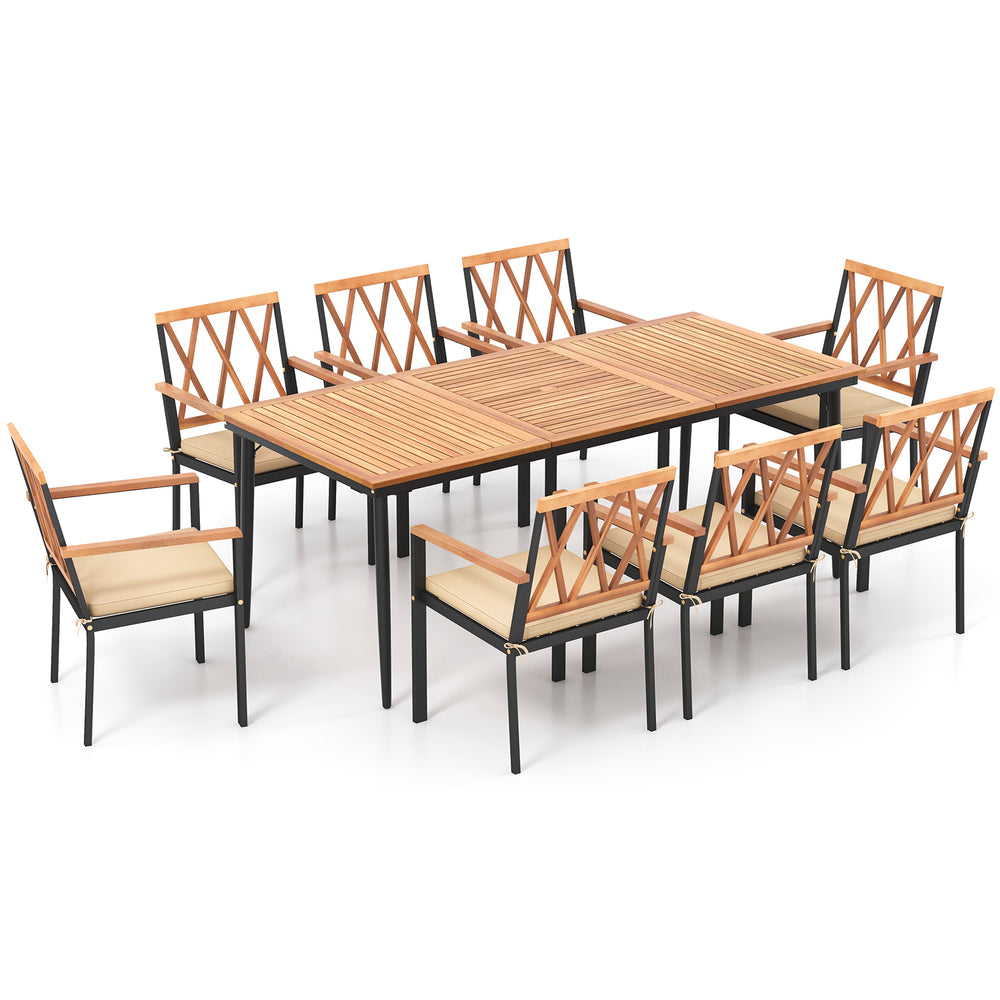 9-piece patio dining set featuring acacia wood and cushioned chairs, designed for outdoor gatherings with an umbrella.