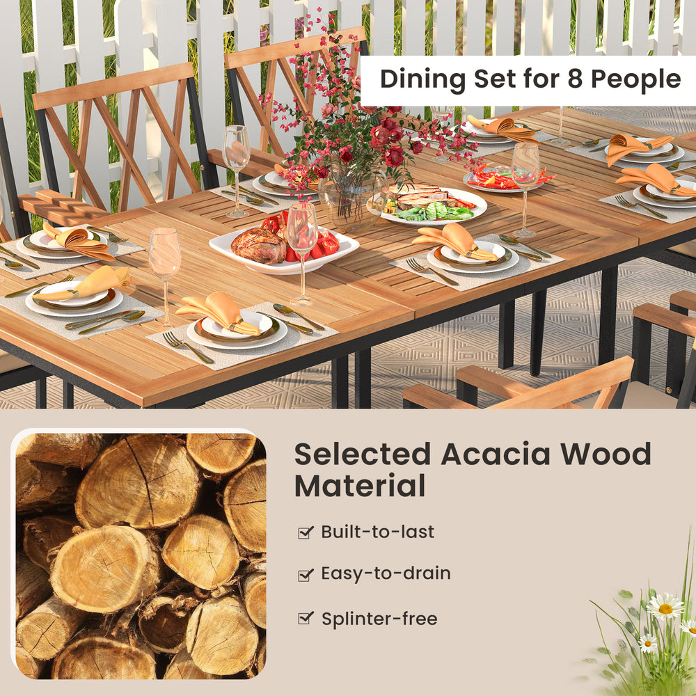 Patio dining set for 8 people featuring selected acacia wood, cushioned seats, and a 1.9" umbrella hole for outdoor use.
