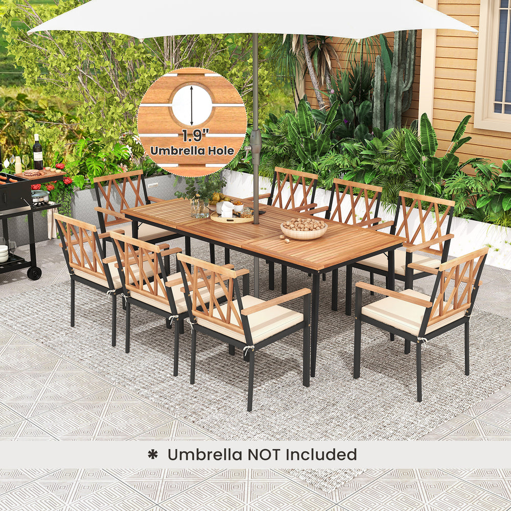 Close-up of the cushioned seat and armrest of the patio dining chair, crafted from acacia wood for outdoor comfort.