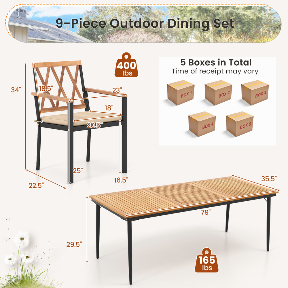 9-piece patio dining set featuring acacia wood, cushioned chairs, and a 1.9" umbrella hole for outdoor gatherings.