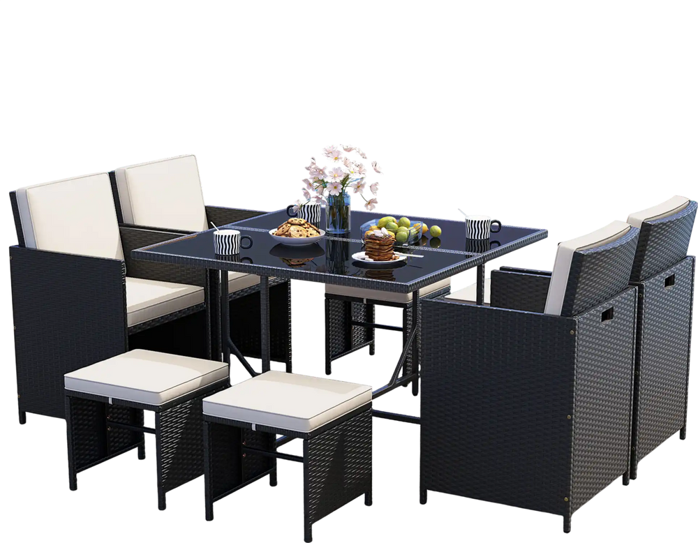 9-piece patio dining set featuring a tempered glass table, black PE rattan, and cushioned ottomans for outdoor.